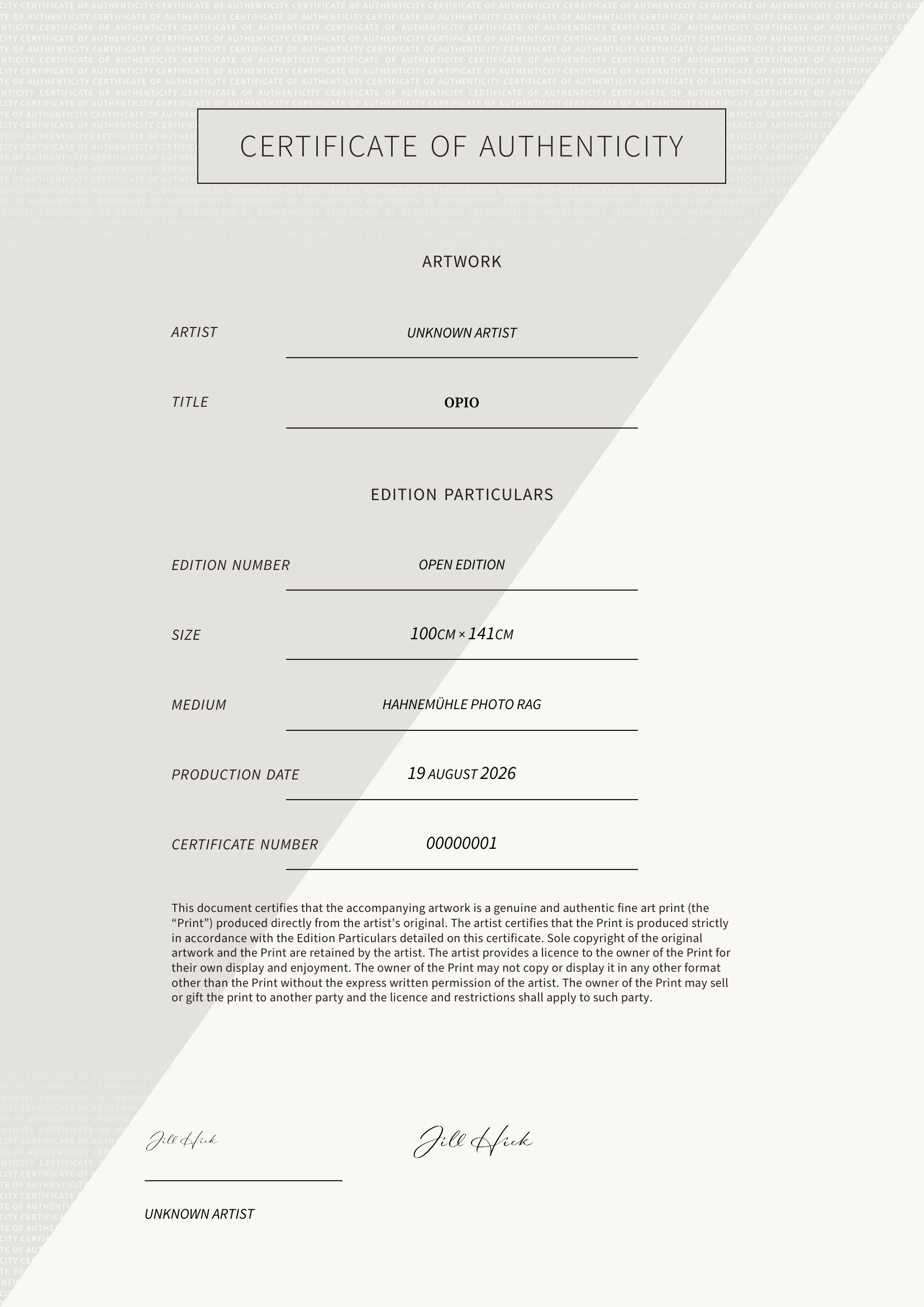 Opio — Certificate of Authenticity